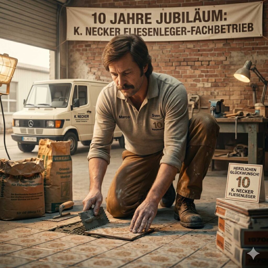 Man kneels and places tiles in a workshop, with a '10 Jahre Jubiläum' banner and a white van in the background.