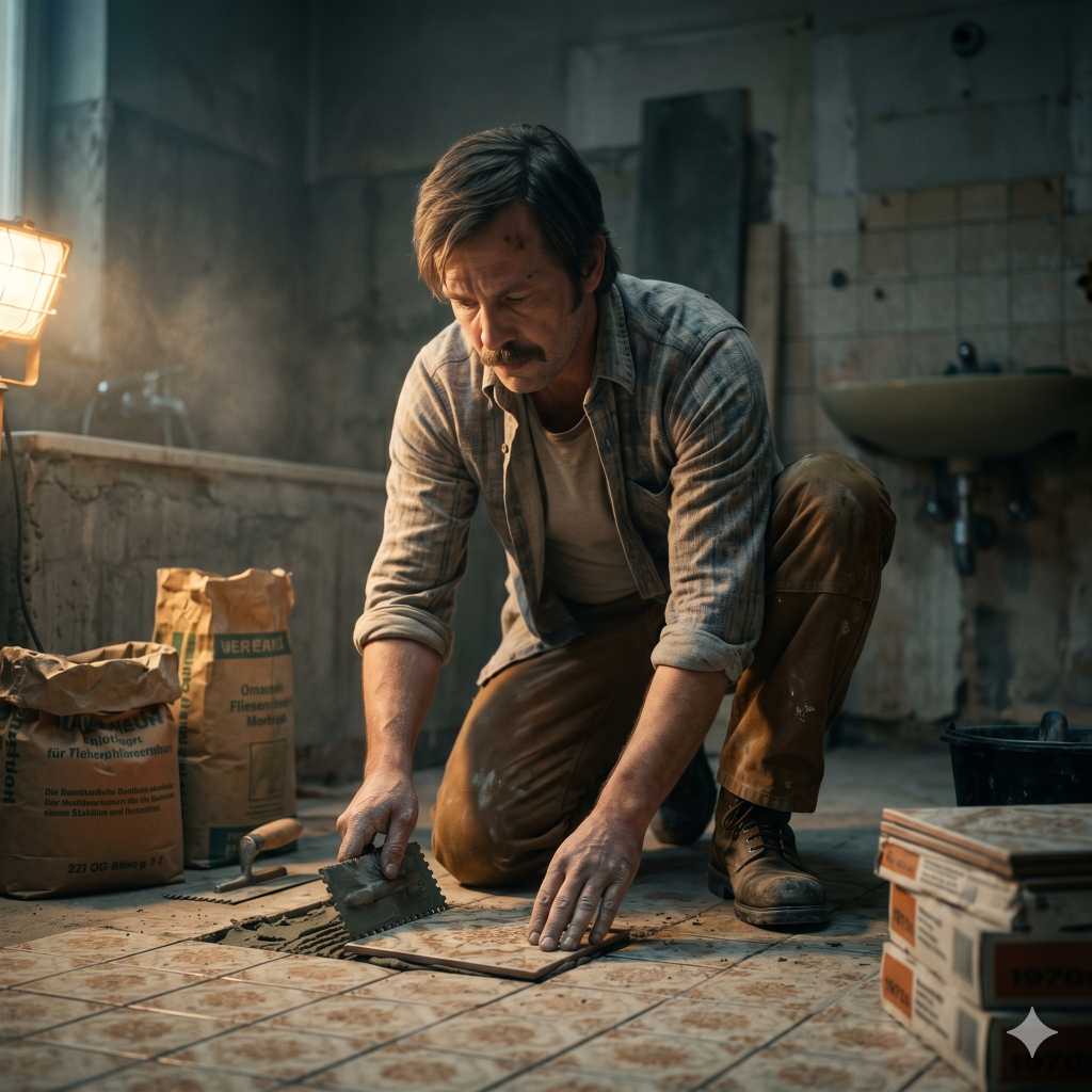 Man kneeling on a dusty tile floor, spreading mortar with a trowel in a dim workshop.