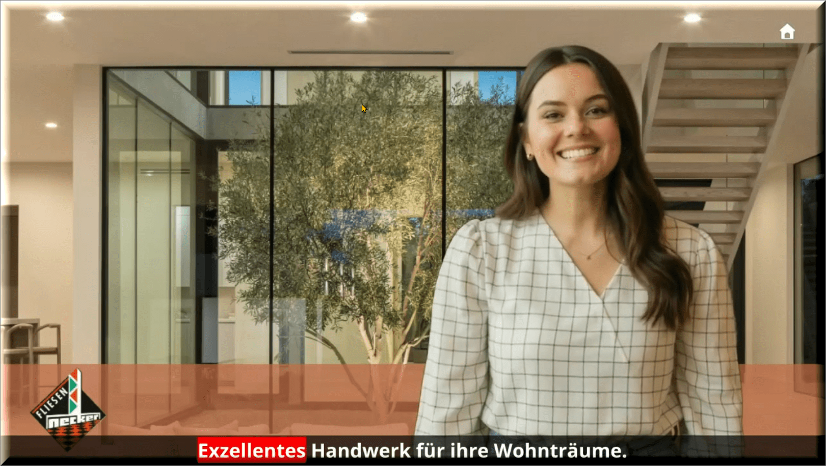 Smiling woman presenter in a modern lobby with glass walls and a staircase; bottom caption says 'Exzellentes Handwerk für ihre Wohnträume'.