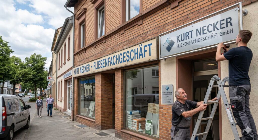 Two men install a large sign above the storefront of a brick building on a city street.